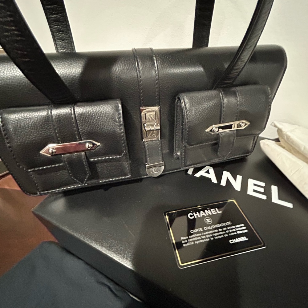 CHANEL RARE Rectangular Flap Bag Black Caviar Leather Bag With 2 Leather Handles